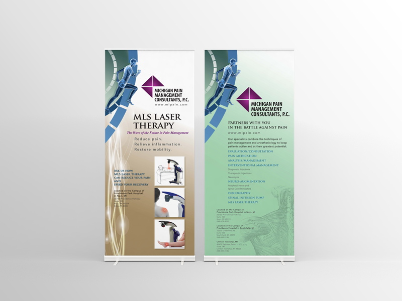 Two roll up banners with different designs.