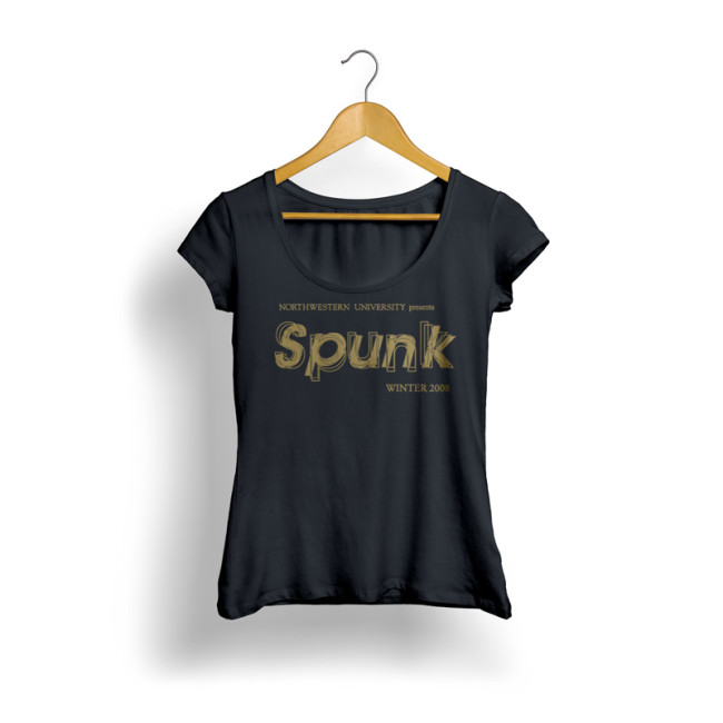 A black t - shirt with the word spunk on it.