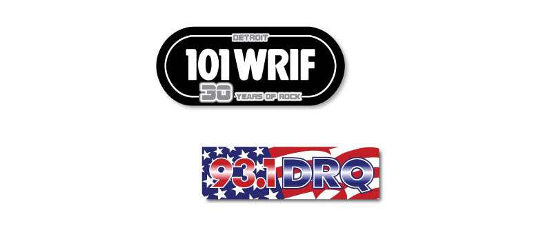 A pair of stickers with the words detroit 1 0 1 wrif and 9 3. 1 drq