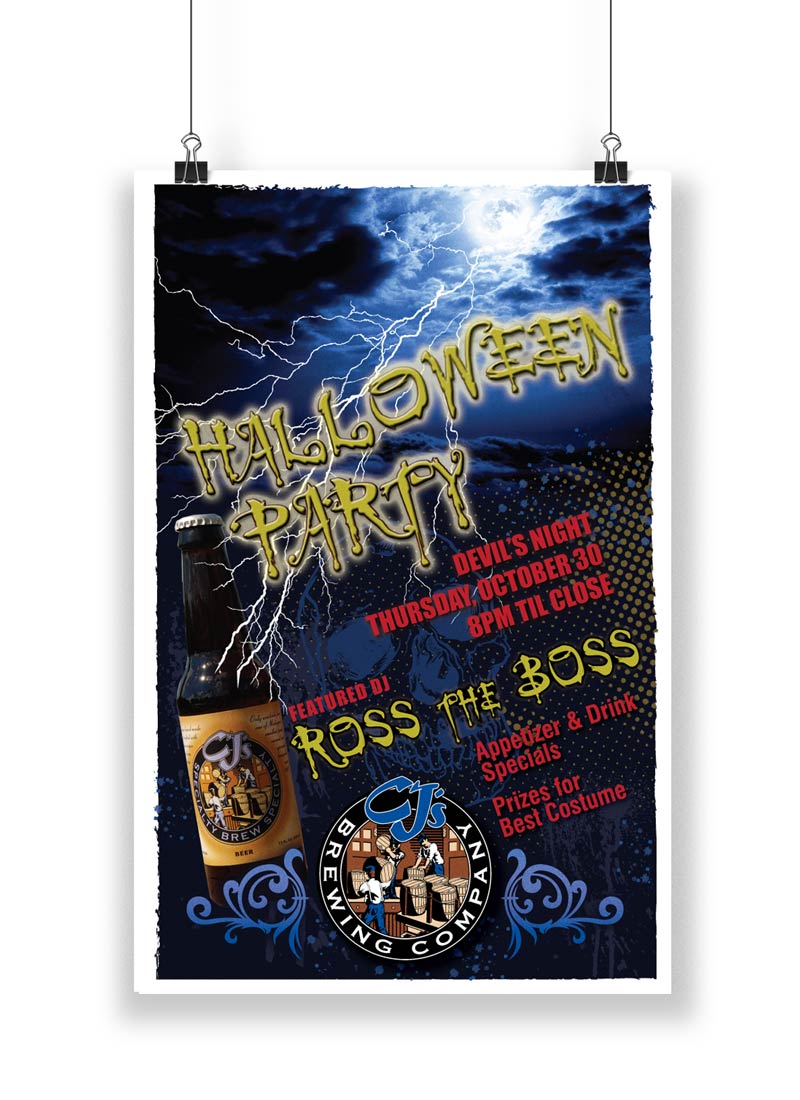 A poster of a halloween party with a blue background